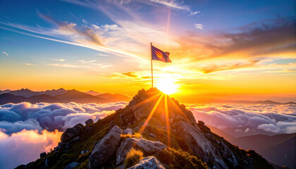 Golden sunrise mountain peak national flag cloud sea dramatic sky sun rays scenic landscape summit view dawn light alpine ridge with uplifting mood