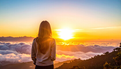 Sunrise mountain cloud horizon sky woman back view golden serene travel adventure scene over soft cloud sea and distant ridge