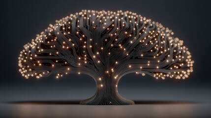 Digital tree formed by glowing electronic circuit lines and nodes.

