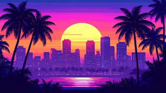 Vaporwave pixel art cityscape with palm trees and a retro sunset, displaying a vibrant and nostalgic 80s aesthetic with pixelated water reflections.