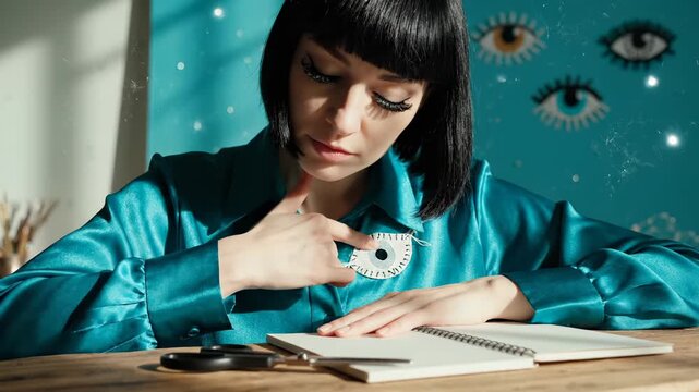 Woman fortune teller points at mystic eye on shirt at desk. Psychic woman with notebook shows spiritual eye symbol. Fortune teller demonstrates mystic eye while working. Woman points at eye design.