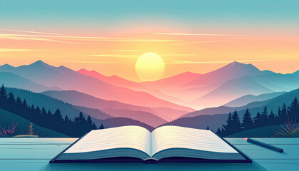 Sunrise mountain landscape sunrise sky pastel color open book wooden table pine forest tranquil inspiration scenery over mountain valley with