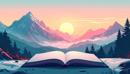 Open book sunrise mountain pine forest snow mist pastel sky landscape serene dreamy narrative opens as sunrise paints mountain and pine forest