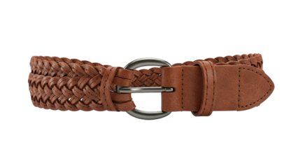 Brown braided leather belt with woven design silver buckle matte finish casual fashion accessory men's clothing apparel realistic PNG graphic