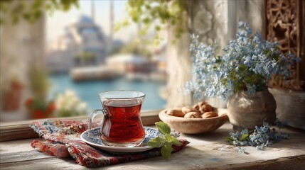 Turkish tea glass overlooking bosphorus with mosque view