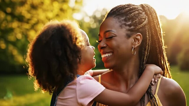 Joyful black mother and daughter sharing a happy moment outdoors in the warm golden sunlight of a park or field