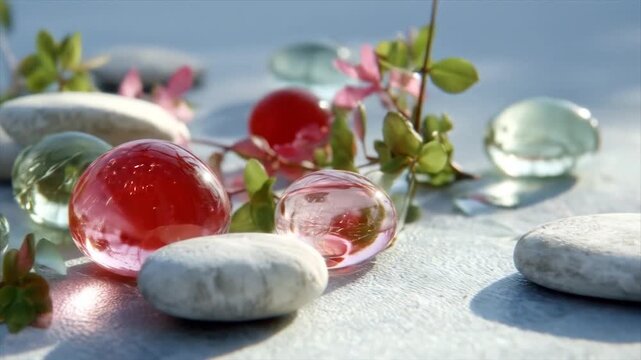 Glass spheres and pebbles with floral accents on a textured surface