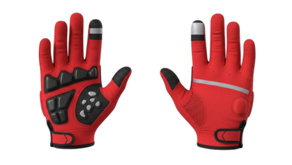 Red full finger sports gloves with touch screen tips padded palms reflective strips velcro closure cycling motorbike protective gear accessory vector graphic
