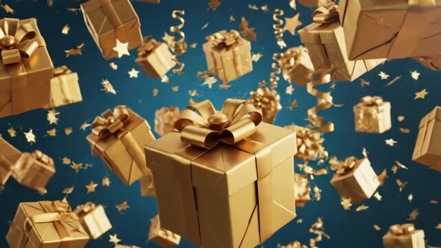 Golden gift box present falling with confetti and star shape glitter against a dark blue background for celebration concept