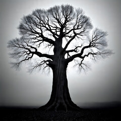 Majestic Bare Tree Silhouette in Misty Fog Black and White Fine Art Landscape