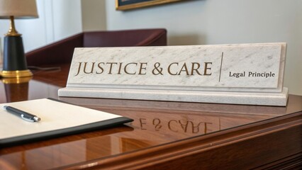 Justice and Care Sign on Desk in Office Environment Highlighting Legal Principles and Professional Atmosphere
