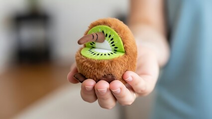 Creative plush toy design featuring kiwi fruit inspiration on a hand