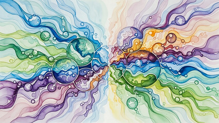 Abstract watercolor waves and bubbles in rainbow colors flowing across white background organic