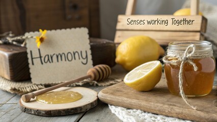 Natural Harmony of Honey and Lemons with Wooden Elements and a Touch of Sunshine for Healthy Living Inspiration