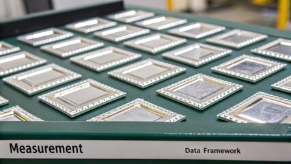 Collection of Empty Silver Frame Samples on Green Table in Industrial Setting with Data Framework Measurement Display