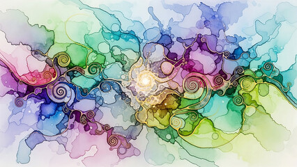 Swirling abstract ink with vibrant rainbow colors and gold accents watercolor fluid alcohol ink colorful