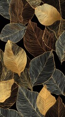 Elegant design featuring gold and black transparent leaves on a dark background showcasing nature's beauty and simplicity