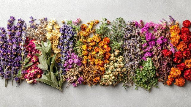 Overhead view of an assortment of dried flowers and herbs arranged in a gradient on a grey surface