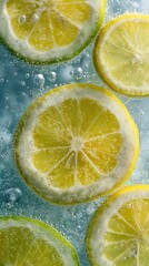 Sliced lemons floating in sparkling water with bubbles captured in bright surroundings