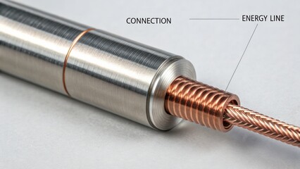 Close-Up View of Metallic Connector and Copper Wire Highlighting Connection and Energy Line in Industrial Setting