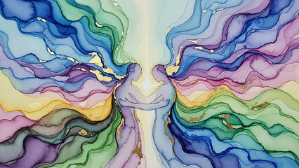 Two abstract figures embracing with flowing colorful ink and gold leaf accents connection unity