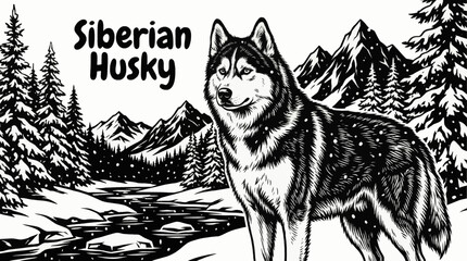 Siberian Husky moves through a snowy wilderness scene, black and white tones highlighting endurance, thick fur texture, and the harsh beauty of cold environments © Ethan