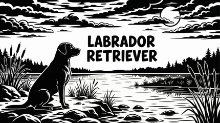 Labrador Retriever sits calmly near a quiet lakeshore, black and white photography emphasizing reflection, calm water, friendly character, and natural harmony