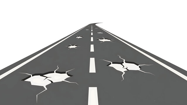 A perspective illustration of a cracked asphalt road with white lane markings and large fissures, indicating potential damage or infrastructure problems