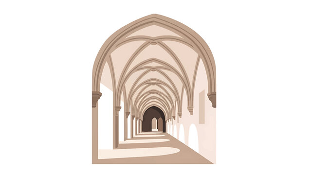 A perspective illustration shows a long, arched corridor. Sunlight streams down the hall, creating a shadow pattern on the floor