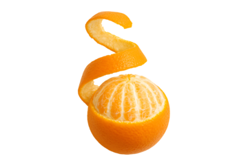 Fresh orange half peeled in spiral shape isolated on transparent background representing citrus freshness vitamin c nutrition and creative minimalistic fruit food concept art composition