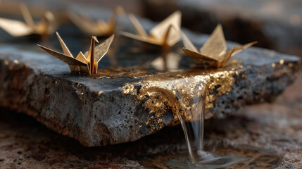 Golden origami cranes gracefully float on tranquil water over a textured stone base in a serene setting