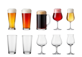 Ten distinct beer glasses (pilsner, pint, mug, conical, tulip): five filled with various beers & foamy heads, five empty, on reflective white studio background, high-end beverage display concept