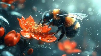 Naklejka premium Close-Up Macro Shot of a Bumblebee Collecting Pollen from a Vibrant Orange Flower with Water Droplets in Soft Natural Light