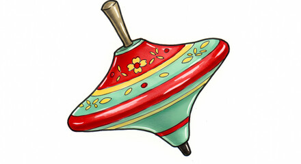 A colorful spinning top illustration with intricate designs on a plain white background viewed from the side