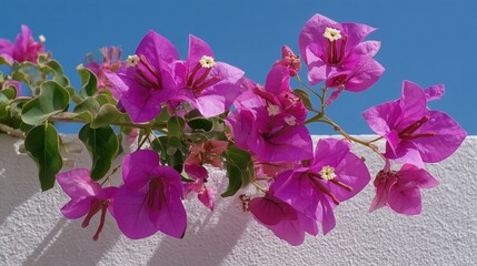 Bright bougainvillea flowers bloom against a clear blue sky in a sunny garden setting