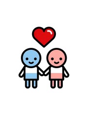 Two cute figures holding hands with a red heart above them symbolize love and relationship in a simple and charming illustration.