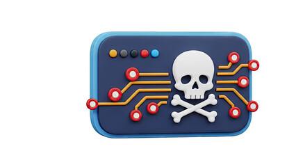 Cybersecurity Danger Icon: Skull and Crossbones with Circuit Board