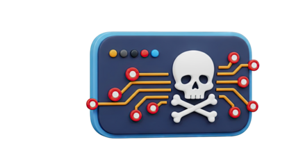 Cybersecurity Danger Icon: Skull and Crossbones with Circuit Board