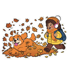 Little Girl Walking With Her Dog in Autumn Leaves &ndash; Cute Children&rsquo;s Illustration