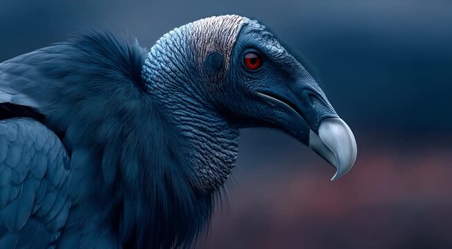 Majestic Condor-like Bird with Piercing Red Eyes Against a Dramatic Twilight Sky