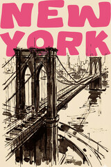 Pink New York city illustration, hand drawn bridge sketch with bold typography. Modern urban wall art design, minimalist travel poster style artwork