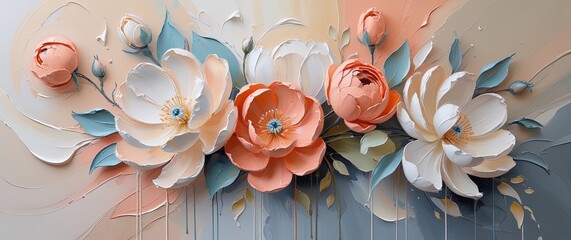 Floral abstract oil painting. Textured canvas, impasto. Peach, coral, ivory, blue, green. Beige/gray gradient. Drips. Boho, minimalist. Wallart.