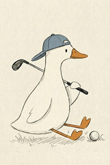 Silly goose golf illustration, funny animal character playing sport. Hand drawn whimsical artwork, lighthearted cartoon wall art design