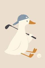 Silly goose golf illustration, funny animal character playing sport. Hand drawn whimsical artwork, lighthearted cartoon wall art design