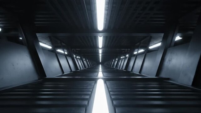 Dark futuristic tunnel interior with repeating geometric structure and bright fluorescent light tubes creating a sense of depth and perspective