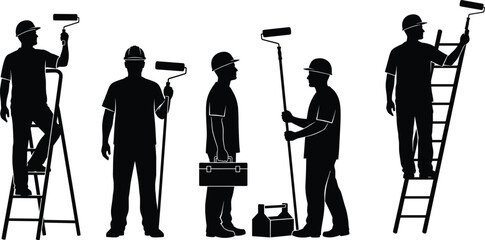 Professional painter and construction worker vector silhouettes, featuring men with rollers, toolboxes, and ladders, ideal for home improvement, renovation, and tradesman service graphics.