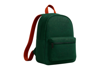 Minimalist dark green leather texture backpack with bright orange straps and zipper isolated on a simple background