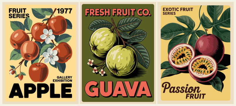 A 1970s style vintage fruit poster triptych featuring apple, guava, and passion fruit with detailed botanical illustrations and retro colors.