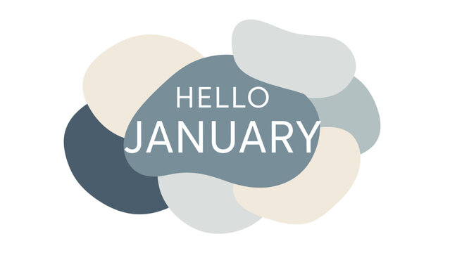 Abstract design with 'HELLO JANUARY' text on a blue blob surrounded by pastel shapes. - Powered by Adobe