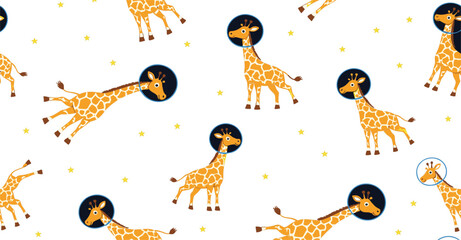 Cute Giraffe Astronaut Seamless Pattern with Cartoon Space Animals Stars and Playful Poses Flat Vector Illustration © MdMojnu